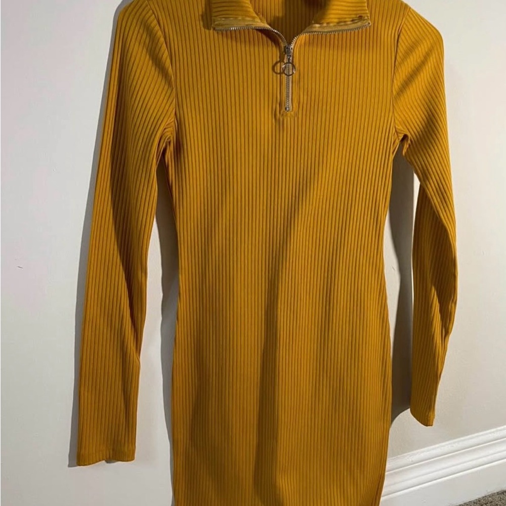 Mustard Yellow Ribbed Long Sleeve Dress